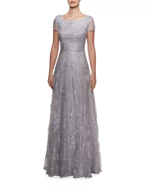 La Femme Silver Sequin Floral Bateau-Neck Cap-Sleeve A-Line Gown Size 10 $498