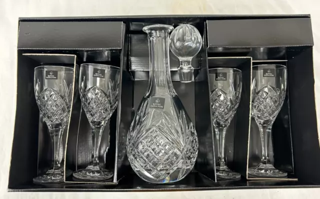 Royal Doulton Crystal Wine Decanter & 4 Wine Glasses in Gift Box