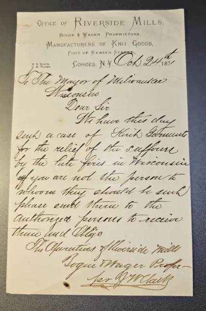 Original 1871 Letter  Relief Efforts for the Great Peshtigo ( WI) Fire var. 3