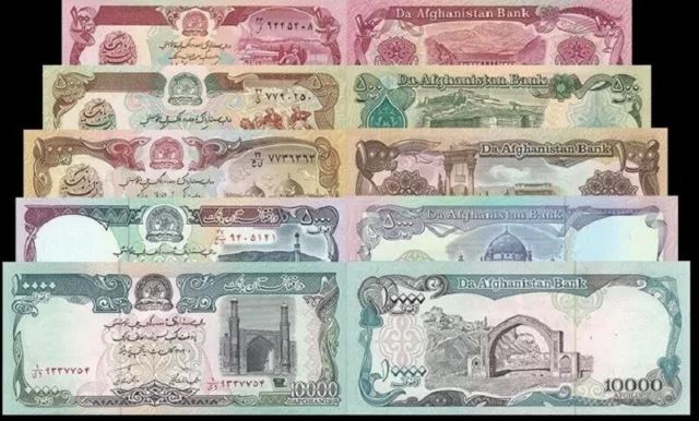 Afghanistan 5 PCS UNC Set, 100 500 1000 5000 10000 Afghanis 1990 1993