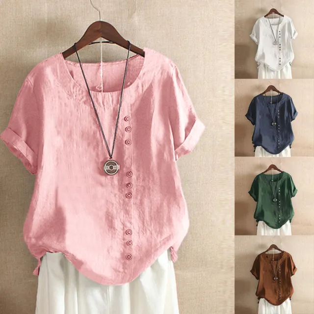 Women Short Sleeve Solid Tops Ladies Cotton Linen Casual Shirt Loose Blouse US