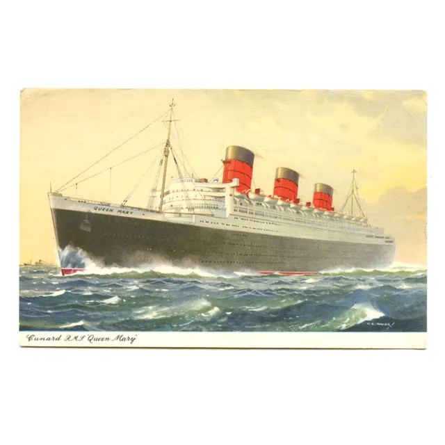 Cunard RMS Queen Mary Postcard CE Turner Painting POSTED AT SEA Southampton 1961