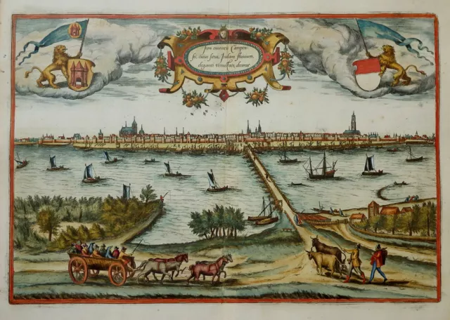 Niederlande Holland Kampen Ijssel Braun Hogenberg Schiffe Fregatten Wappen 1581