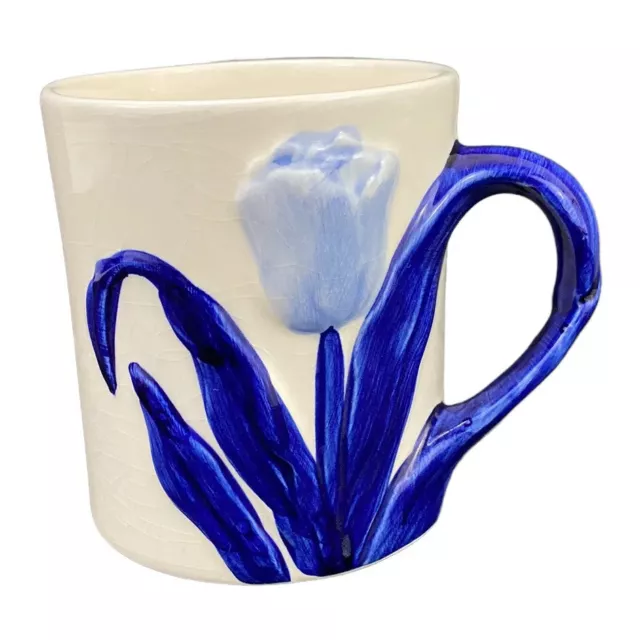 Vintage Delft Blue 3-D Tulip Floral Hand Painted Coffee Mug Cup 3.5" Tall DAIC
