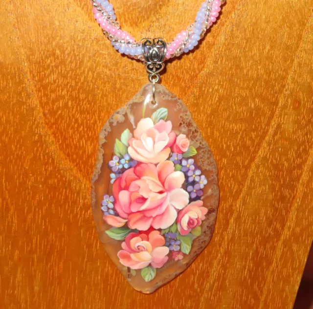 PENDANT hand painted PINK PEONY FLOWERS Stone beaded necklace signed Gorbachova