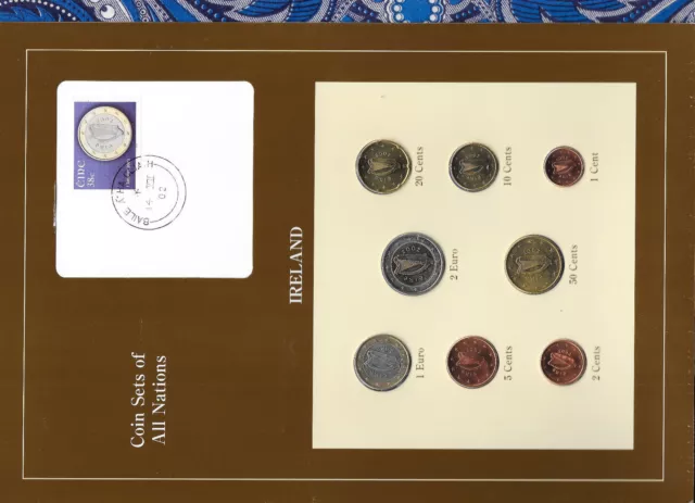 Coin Sets of All Nations Ireland w/card  2002 UNC 2,1 EURO 50,20,10,5,2,1 Cents