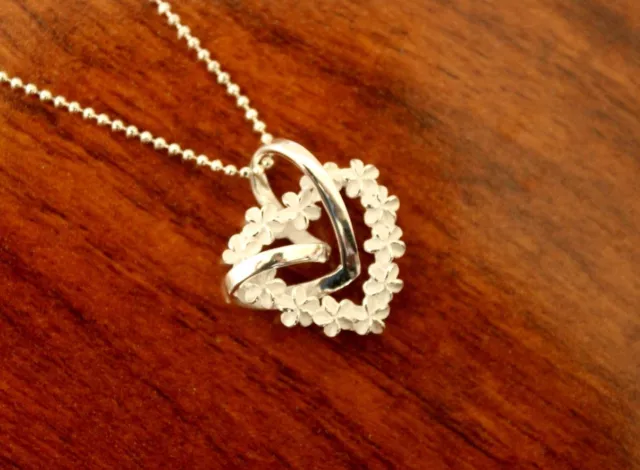 925K Sterling Silver Shiny Heart Hawaiian Plumeria Lei Pendant Necklace #SP71401