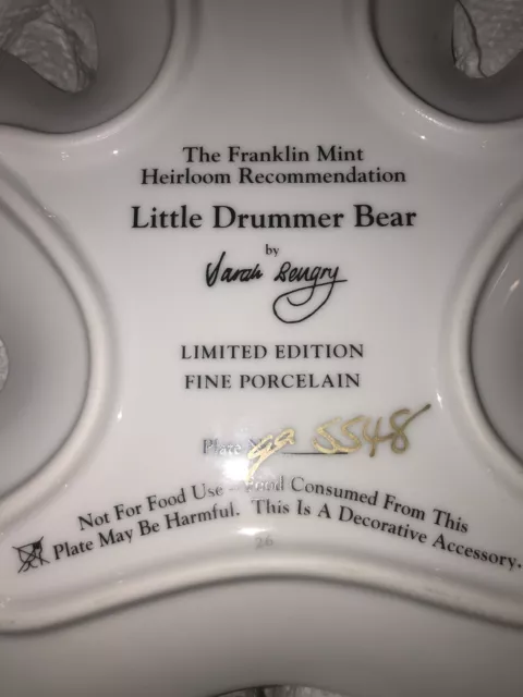 Little Drummer Bear Collector Plate By The Franklin Mint New with certificate 3