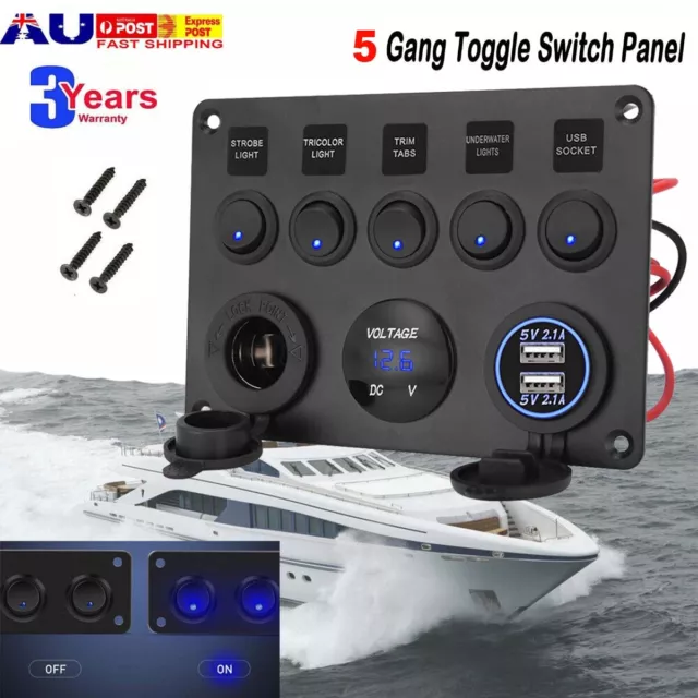 12V 5 Gang Switch Panel LED Rocker ON-OFF Toggle 2 USB For Boat Truck Caravan RV