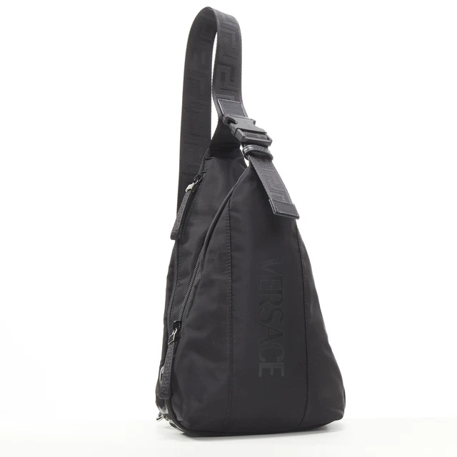 new VERSACE La Greca Vintage 90s Logo black nylon small sling backpack bag new VERSACE La Greca Vintage 90s Logo black nylon small sling backpack bag
