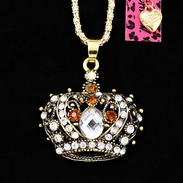 Betsey Johnson Crystal Rhinestone Crown Retro Pendant Sweater Chain Necklace