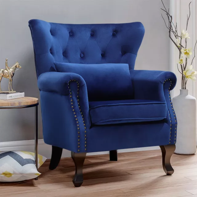 Midnight Blue Velvet Armchair Chesterfield Wing Back Button Queen Anne Tub Chair