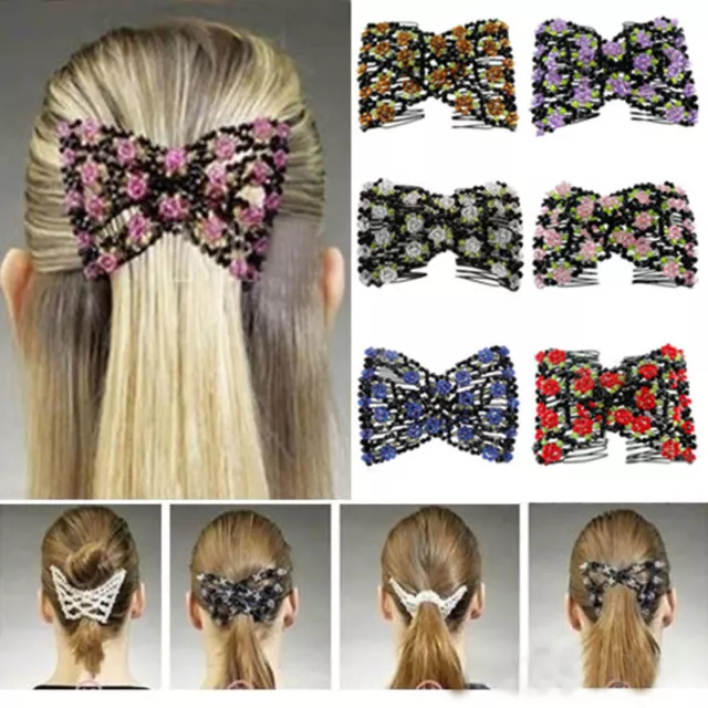 UK SELLER Magic Beads Double Hair Comb Clip Stretchy Hair Roses Ladies Party