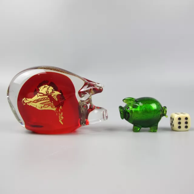 Glass Pig Figurines / Ornaments. Studio Art. Vintage. Green & Red. Hand blown. 2