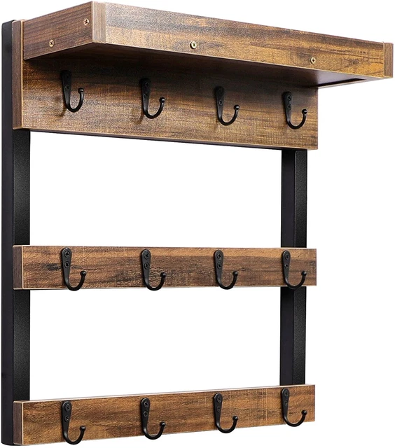 Coffee Mug Rack Wall Mounted, Rustic Wood Cups Rack with 12 Hooks and Storage Sh