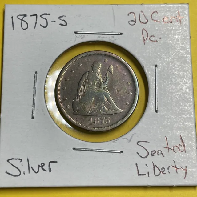1875-S Twenty Cent Piece Seated Liberty Silver Rare Low Mintage Rainbow Toning