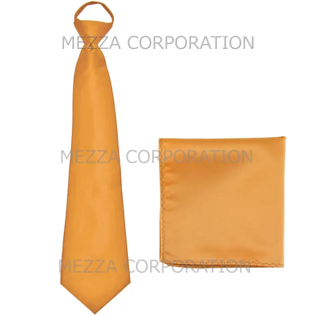 New formal men's pre-tied ready knot necktie & hankie set polyester solid gold