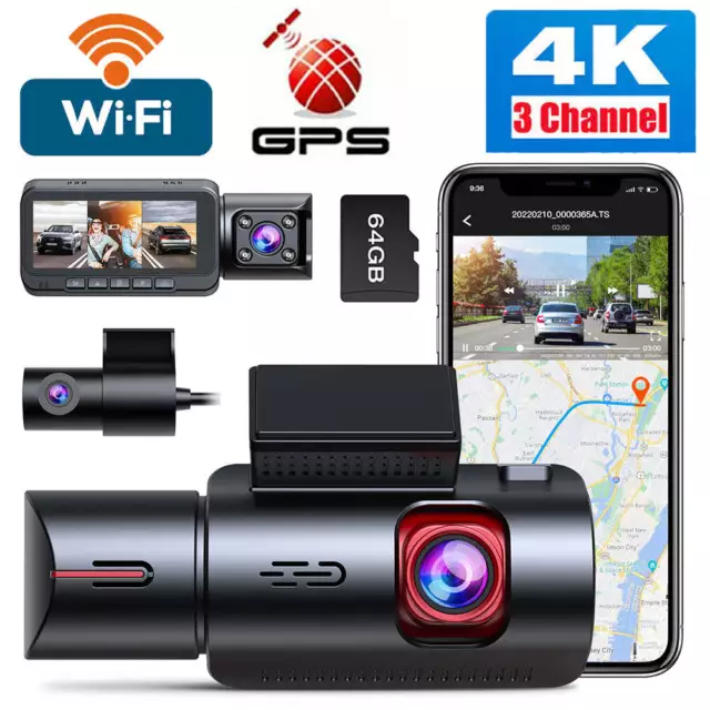 TOGUARD 3CH Dash Cam 4K WiFi GPS Front Rear Inside Car Camera Night Vision 64GB