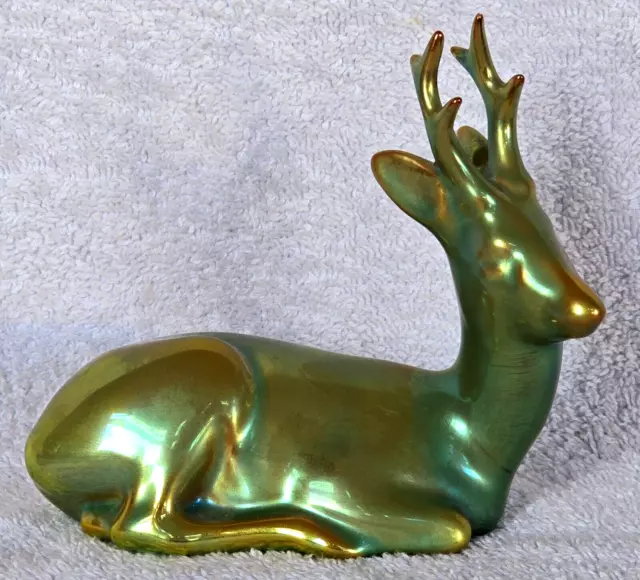 Vintage Zsolnay Pecs Hungary Eosin Porcelain Stag Deer Iridescent Glaze