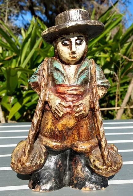 Spanish Primitive Wood Carved Statue Marked Polychrome Peasant Vintage Folk Art