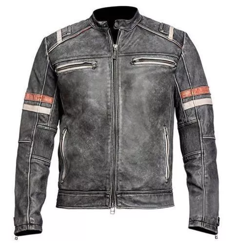 Men's Biker Vintage Motorcycle Cafe Racer Retro Moto Distressed Leather Jacket