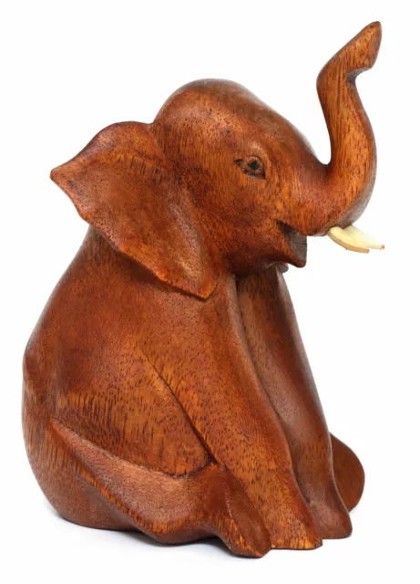 Wooden 6" Hand Carved Sitting Elephant Statue Figurine Sculpture Wood Home Decor