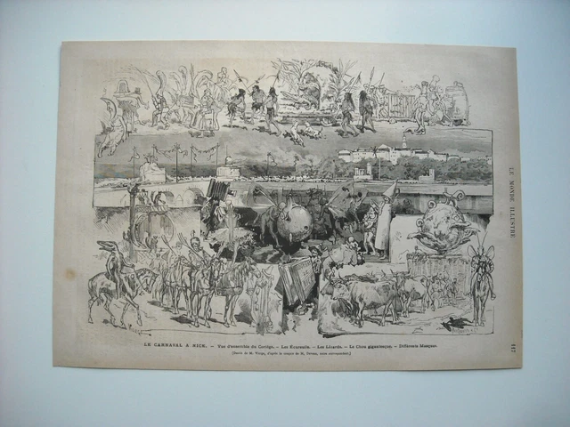 Gravure 1877. Le Carnaval A Nice. Vue D’ensemble Du Cortege. Differents Masques.