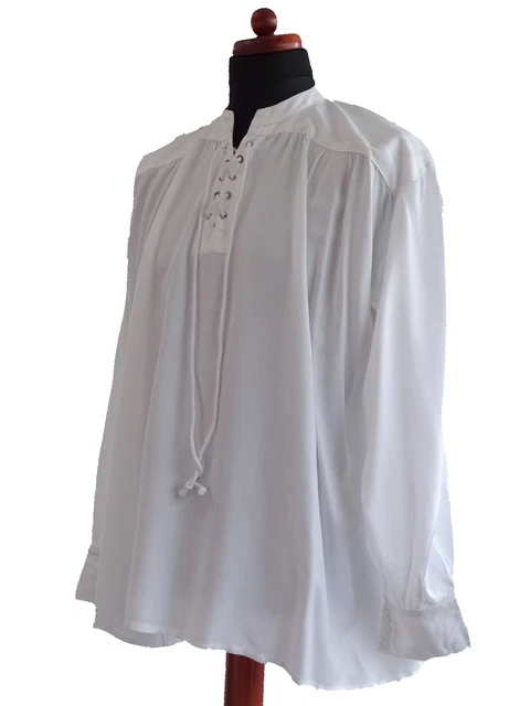 Camicia bianca con polsini abbottonati collo in piedi viscosa medievale LARP pirata Camicia bianca con polsini abbottonati collo in piedi viscosa medievale LARP pirata