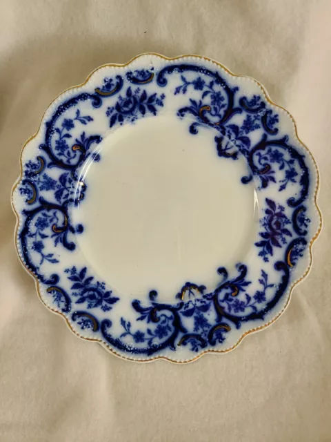 Antique Portman WH Grindley Flow Blue Plate gold gilt Salad plate England 7 7/8"