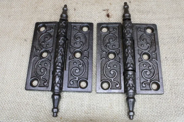 2 Old Door Hinges 3 1/2 X 3" Antique Steeple Top Clean Vintage Cast Iron Atlas