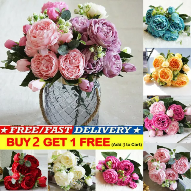 9 Heads Artificial Flowers Silk Peony Bouquet Fake Rose Wedding Home Party Decor 2