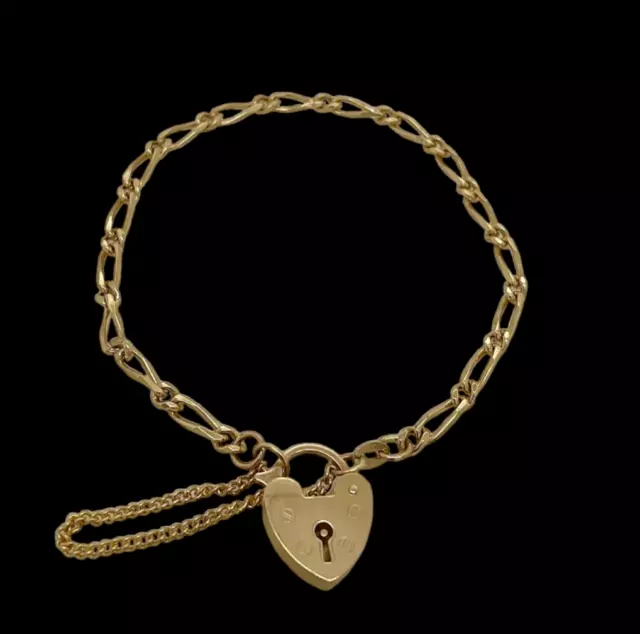 Solid 9ct Yellow Gold Figaro 1+1 Link Padlock Bracelet 19cm 6.7gm