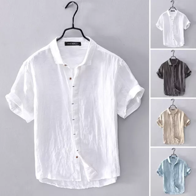 INCERUN Mens Linen Cotton Shirt Short Sleeve Work Formal Blouse Button Down  Top