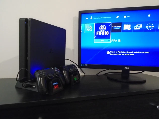 PS4 Slim 500gb console with 2 controllers, charging stand, leads (working order)