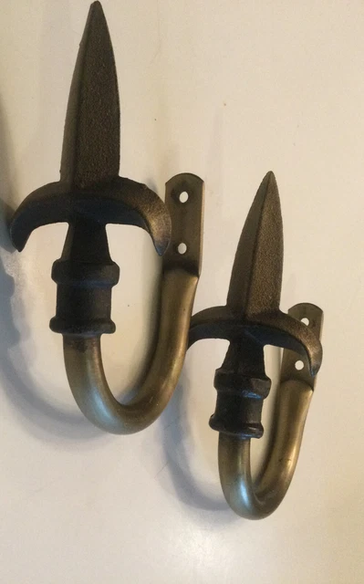 Pair Of Iron Metal Fleur De Lis Curtain Drapery Tiebacks Antique Brass Finish