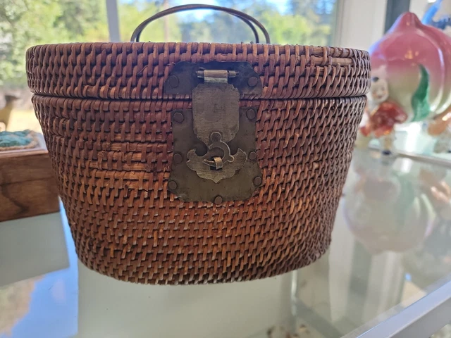 Antique Chinese Basket Tea Pot Caddy Fabric Lined