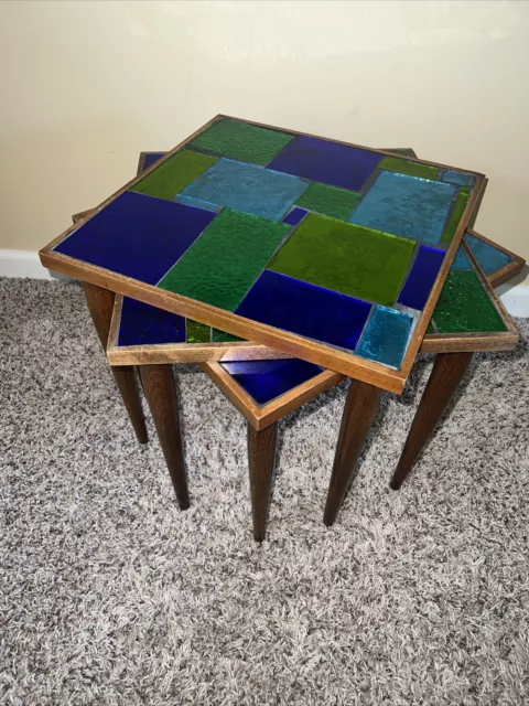 Vintage MCM Georges Briard Mosaic Glass/Foil/Wood Nesting Tables Blues/Greens