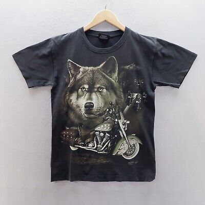 WOLF TShirt Small Black Graphic Print Wolves Motorbike Short Sleeve Cotton Mens*