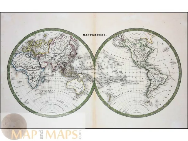 Mappemonde Old World Map Hemisphere Malte Brun 1855