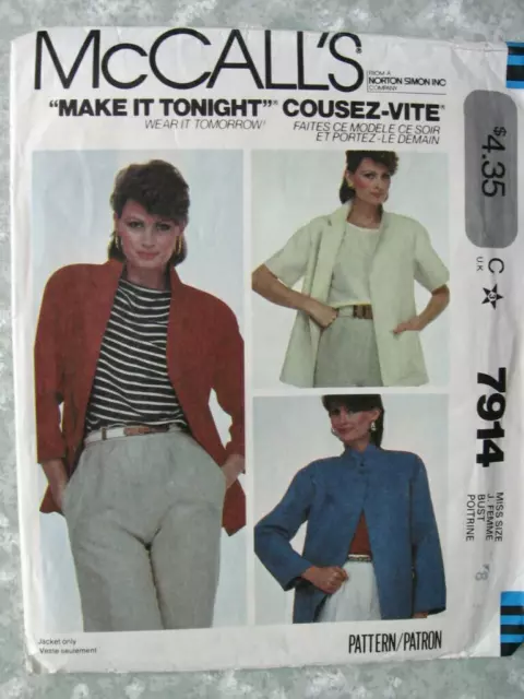 Sewing Pattern McCall's 7914 Misses Unlined Jacket Blazer Size 8