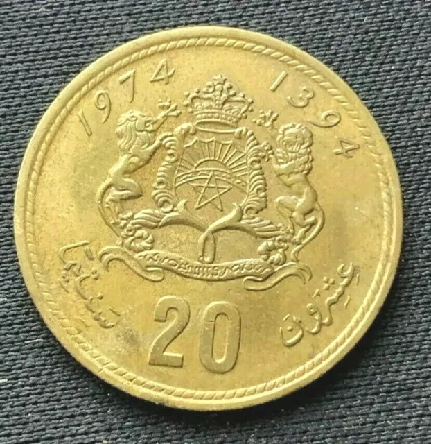 1974 Morocco 20 Santimat Coin AU UNC     Brass World Coin    #K1381