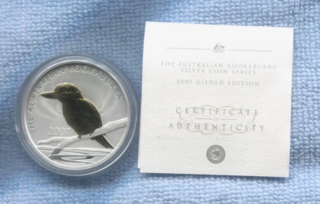 2007 $1 Kookaburra 1oz Silver Coin Gold Gilded Edition in Capsule & COA G-529