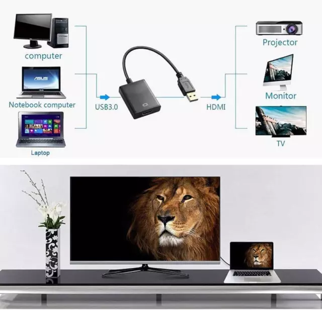 Adaptateur USB Vers HDMI, USB 3.0/2.0 Vers HDMI 1080P Full HD Vidéo Audio Multi 3