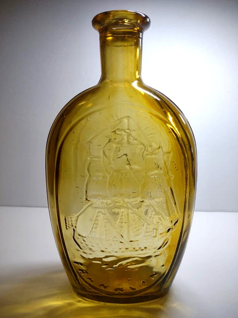 Franklin TWD Amber Yellow Glass Bottle Vintage Clipper Pirate Ship Eagle Emboss
