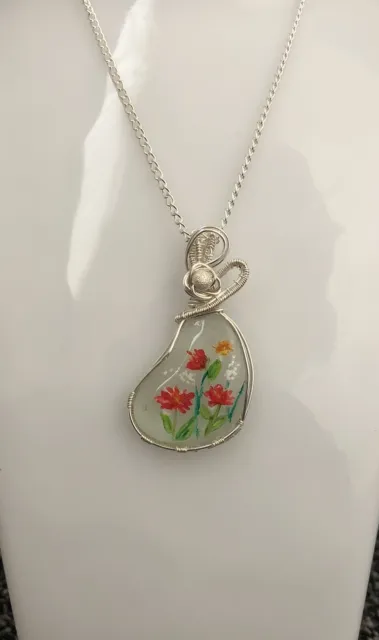 Hand Painted Sea glass Jewellery Pendant•Necklace. Silver Plated, Unique 💝