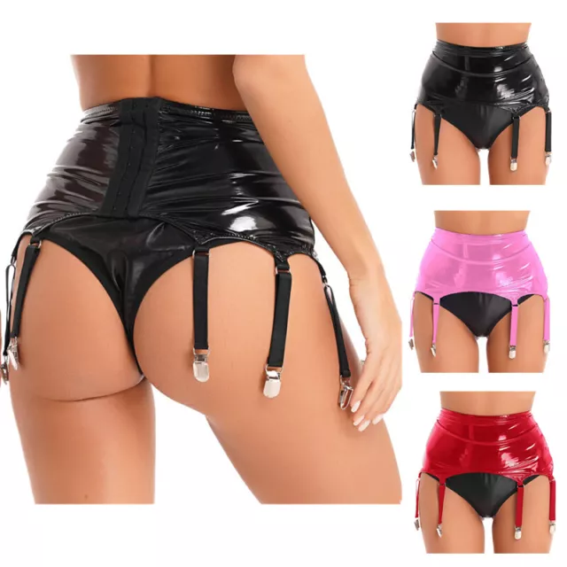 Sexy Damen Wetlook Strapsgürtel mit Strumpfhalter Lackleder Strumpfhose Dessous