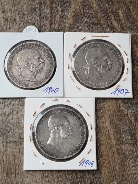 Österreich Lot 3 Stk 5 Korona Kronen 1900 1907 1908 Silber Maunz. TOP !!!