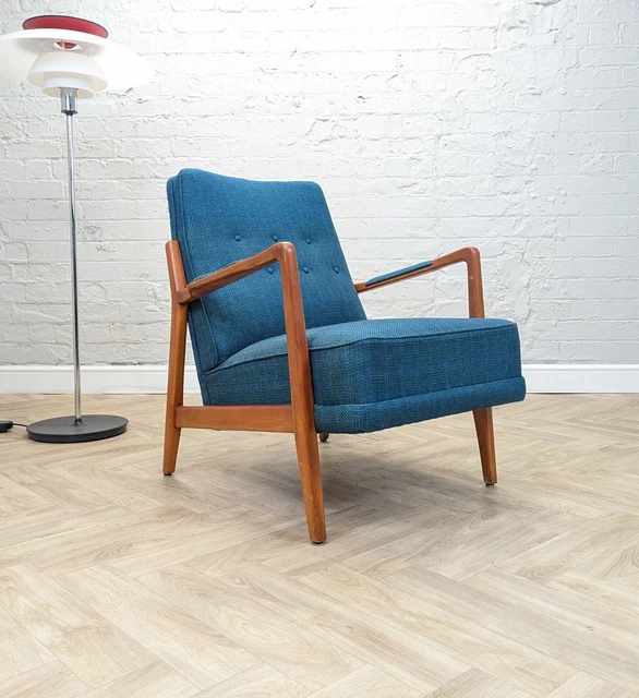 Mid-Century Vintage Retro Swedish Teal Wool & Beech Lounge Armchair by DUX 1950s