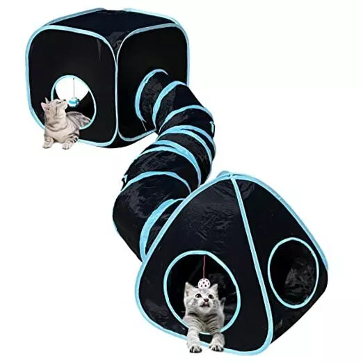 Cat Tunnels for Indoor Cats with Cube Tent Toys Combo, Pop Up Collapsible Black