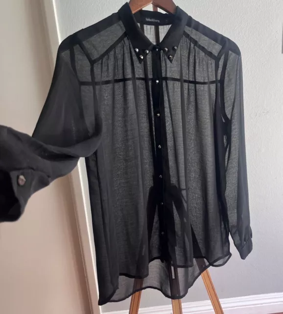 Black Sheer Button Up Shirt Stud Buttons Collar Embellished See Through Size L